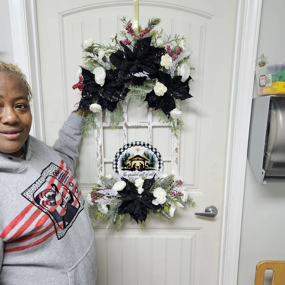 Festive Black and White Holiday Wreath with Roses